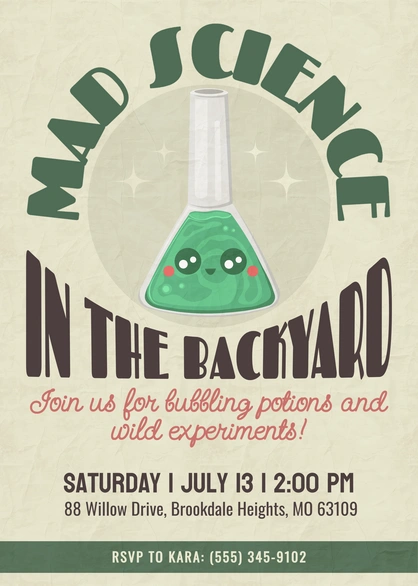 Science-themed party invitation for kids