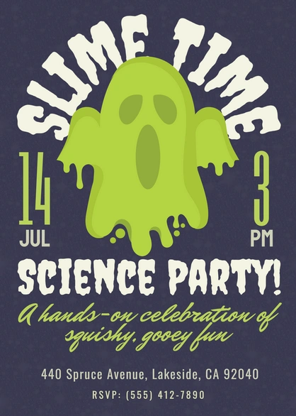 Celebration invitation for a slime-themed science party.