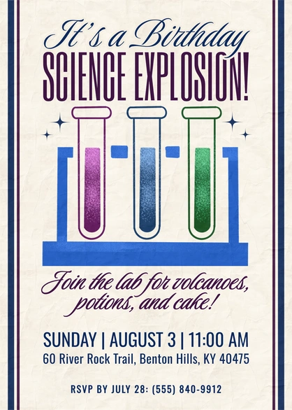 Science-themed birthday party invitation