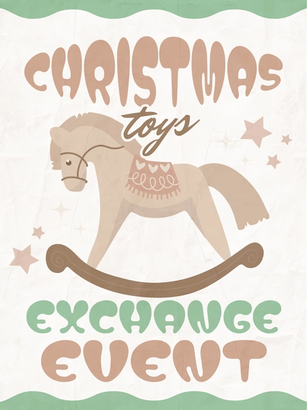 Christmas toy exchange event poster featuring a vintage rocking horse design.
