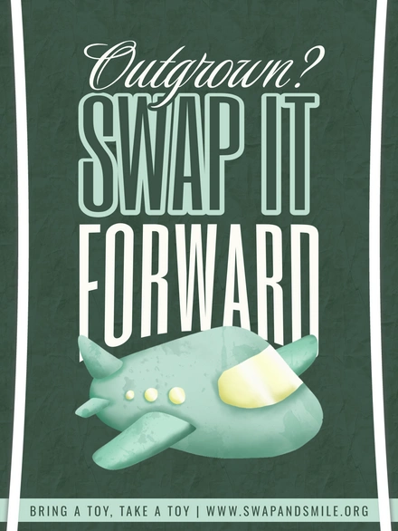 Toy swap event poster with airplane illustration
