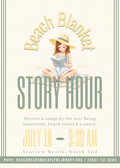 Promotional poster for a children's story hour event at the beach