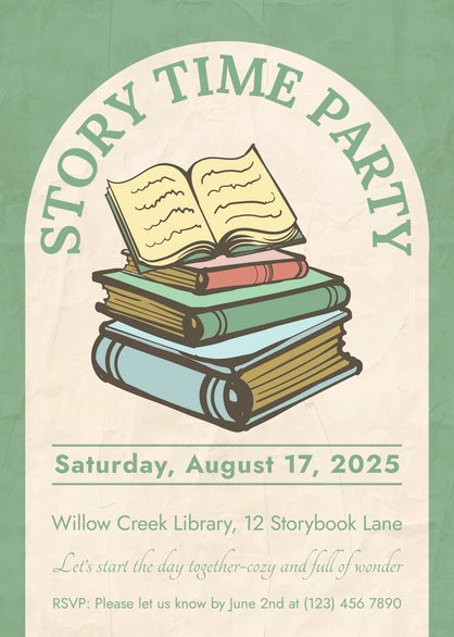 Book-themed party invitation