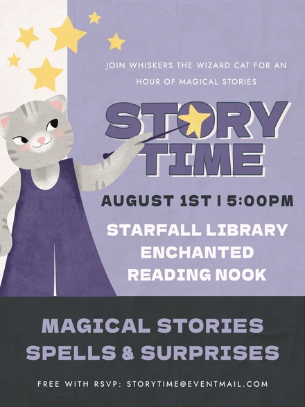An event invitation featuring a cat wizard for a magical storytelling session.