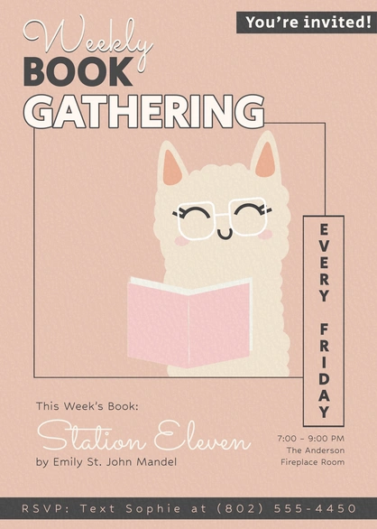 Weekly book club invitation with an illustration of an alpaca reading a book.