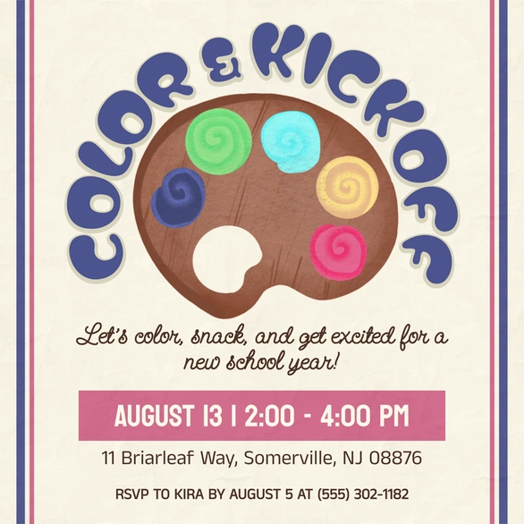 Event invitation for a school year kickoff with coloring activities