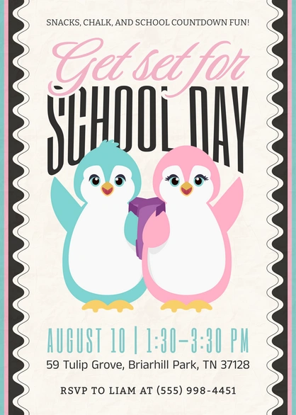 School event invitation with penguins