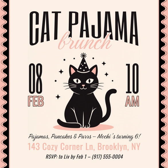 Invitation for a cat-themed pajama brunch party