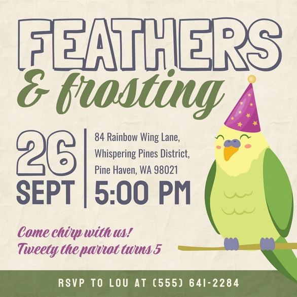 Birthday party invitation featuring a parrot