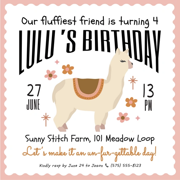 Birthday invitation featuring a llama