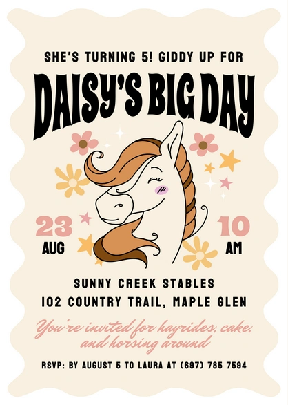 Birthday party invitation for a child's fifth birthday.