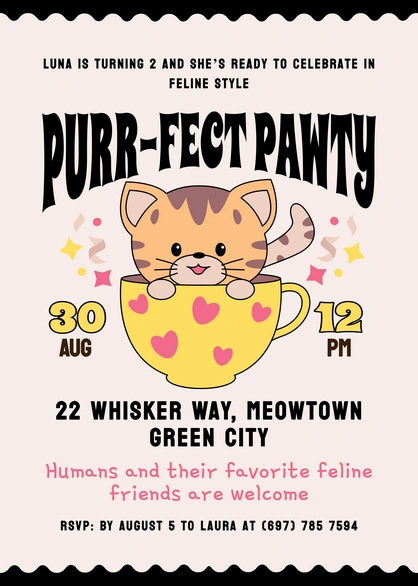 Birthday party invitation featuring a cat