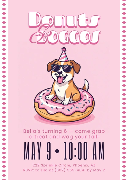 Birthday party invitation featuring a dog with a donut.