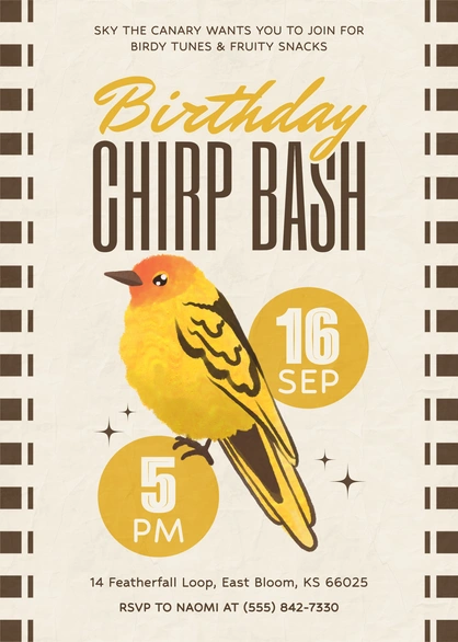 Birthday party invitation featuring a canary