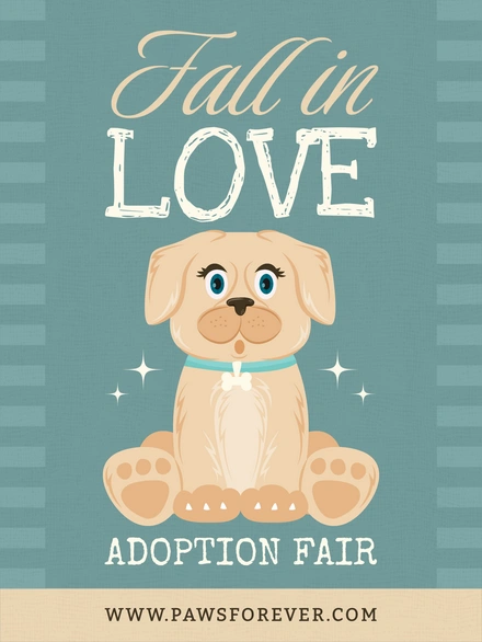 Adoption event poster featuring a cartoon dog