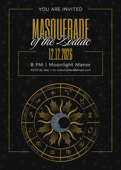 Zodiac-themed masquerade ball invitation
